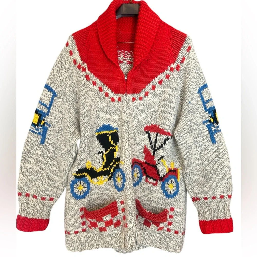XXL cowichan handcrafted wool sweater with a “transportation” theme- incredible